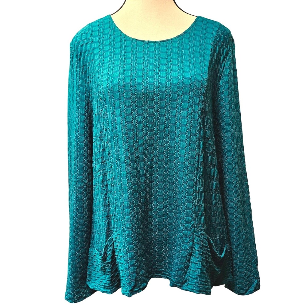 Habitat Textured Tunic Top L Teal Crinkle Knit Pockets Artsy Lagenlook Boho